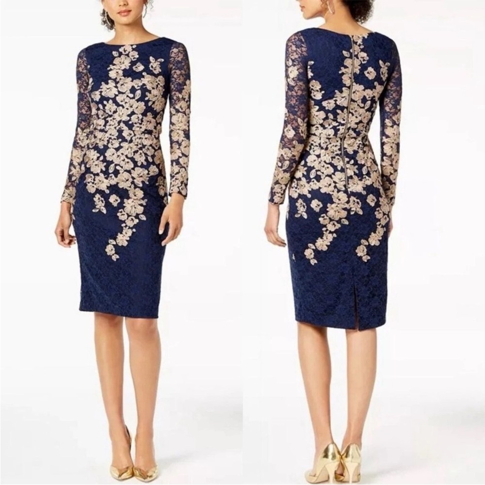 Xscape Navy and Gold Floral Lace Dress